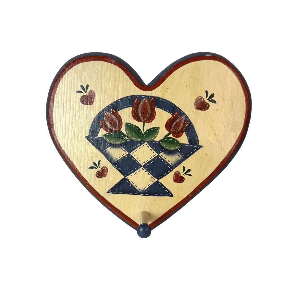 Vintage Folk Art Wooden Heart Wall Plaque Tulip Basket Peg Hook Americana Decor